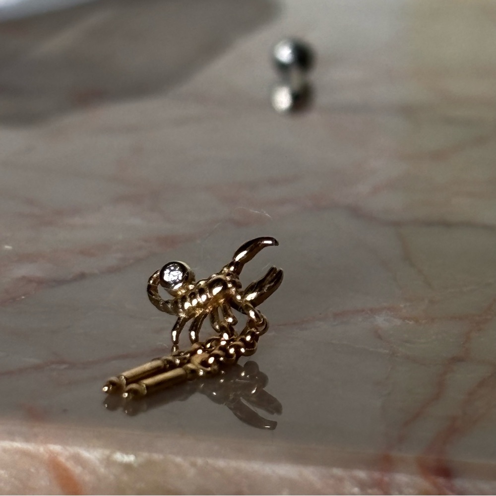 14K Solid Gold Scorpion Nose Ring with Crystal and Dangling Accent Scorpion